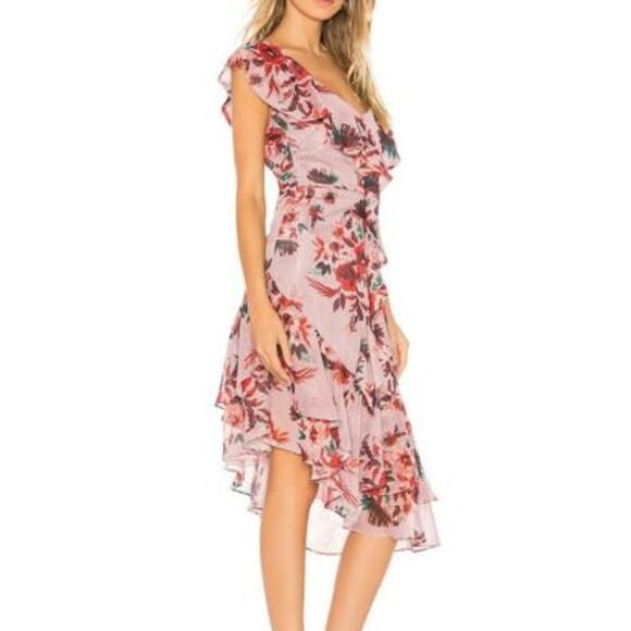 LOVERS and FRIENDS NWT Stacy Holiday Floral Ruffle Asymmetrical Midi Dress - Picture 3 of 9